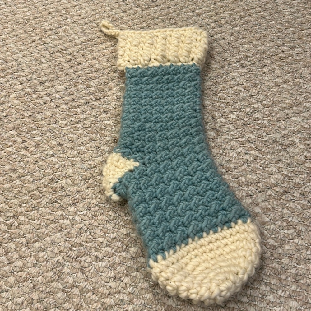 Homemade crocheted, stocking teal and cream absolutely adorable24”longx8”wide